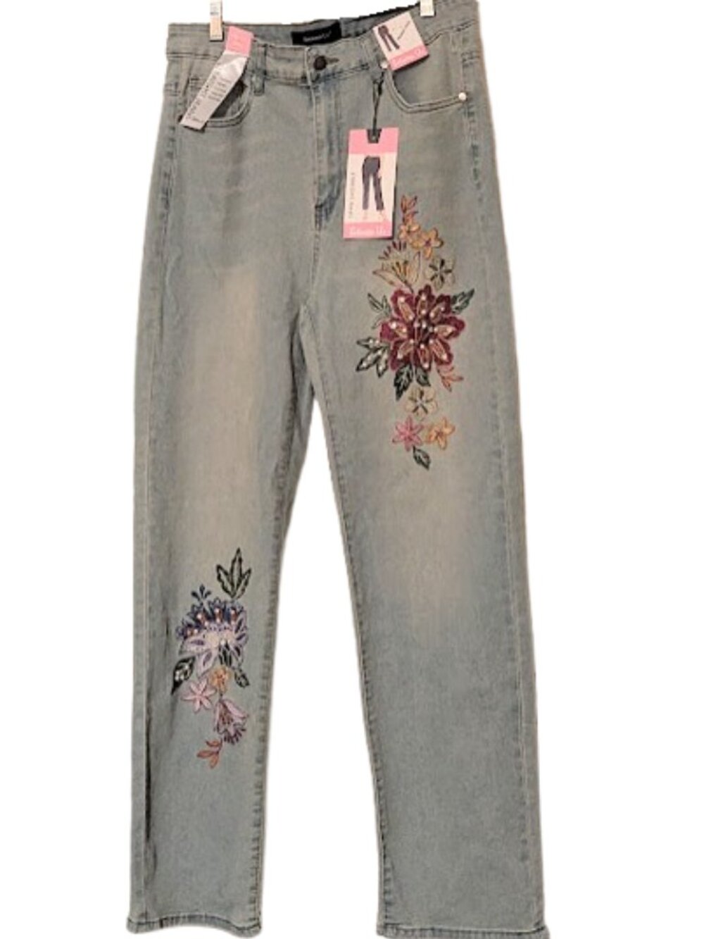 Between Us Womens LIght Blue Wash Embroidered Floral 90s Vibe Jeans Size 14 NWT